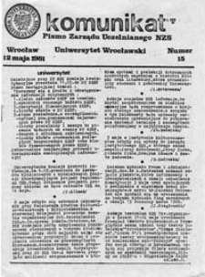 Komunikat: organ prasowy Zarządu Uniwersyteckiego NZS UWr., nr 15 (12 maja 1981)