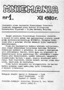 Mniemania: studenckie pismo regionalne Niezależnego Zrzeszenia Studentów redagowane przez Wydział Filologiczny Uniwersytetu Śląskiego i Śląską Akademię Medyczną, nr 1 (XII 1980 r.)
