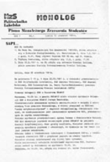 Monolog: pismo Niezależnego Zrzeszenia Student&oacute;w Politechniki Lubelskiej, nr 1 (30 wrzesień1981)