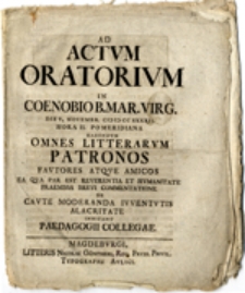 Ad Actum Oratorium in Coenobio B.Mar.Virg. ...