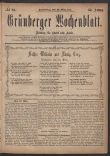 Grünberger Wochenblatt: Zeitung für Stadt und Land, No. 23. (22. März 1877)