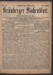 Grünberger Wochenblatt: Zeitung für Stadt und Land, No. 14. (1. Februar 1879)