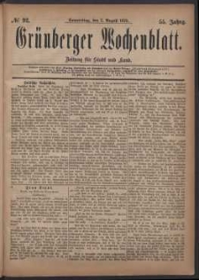 Grünberger Wochenblatt: Zeitung für Stadt und Land, No. 92. (7. August 1879)