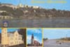 Krosno Odrzańskie; Widok znad Odry. Siedziba Urzędu Miasta i Gminy. Kości&oacute;l farny. Barki na Odrze