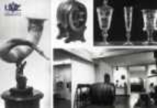 Zielona G&oacute;ra; Muzeum Okręgowe - Dział Winiarski. Ozdobny r&oacute;g, zabytkowa beczułka, szkło polskie z XVIII-XIX w., fragment ekspozycji