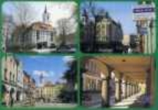 Zielona G&oacute;ra; fragmenty zabudowy starego miasta (Kości&oacute;ł M.B. Częstochowskiej, Rynek Starego Miasta, Fragment "deptaka" zielonog&oacute;rskiego, Podceienia - ul. Pod Filarami)