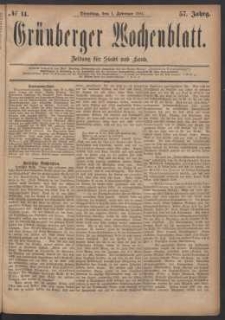 Grünberger Wochenblatt: Zeitung für Stadt und Land, No. 14. (1. Februar 1881)