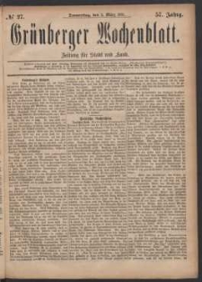 Gr&uuml;nberger Wochenblatt: Zeitung f&uuml;r Stadt und Land, No. 27. (3. M&auml;rz 1881)