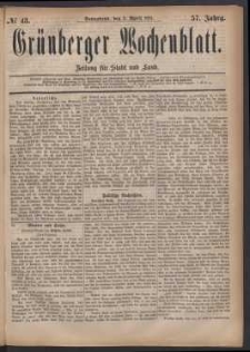Gr&uuml;nberger Wochenblatt: Zeitung f&uuml;r Stadt und Land, No. 43. (9. April 1881)