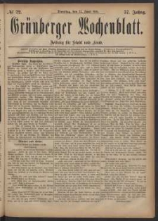 Gr&uuml;nberger Wochenblatt: Zeitung f&uuml;r Stadt und Land, No. 72. (21. Juni 1881)