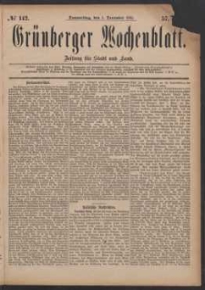 Gr&uuml;nberger Wochenblatt: Zeitung f&uuml;r Stadt und Land, No. 142. (1. December 1881)