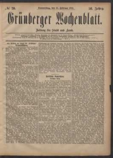 Grünberger Wochenblatt: Zeitung für Stadt und Land, No. 20. (16. Februar 1882)