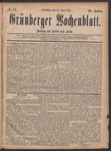 Grünberger Wochenblatt: Zeitung für Stadt und Land, No. 71. (20. Juni 1882)