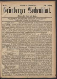 Grünberger Wochenblatt: Zeitung für Stadt und Land, No. 92. (9. August 1882)