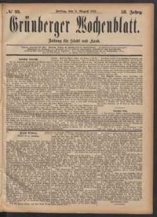 Grünberger Wochenblatt: Zeitung für Stadt und Land, No. 93. (11. August 1882)