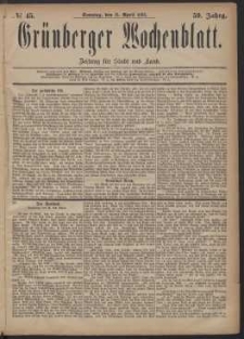 Grünberger Wochenblatt: Zeitung für Stadt und Land, No. 45. (15. April 1883)