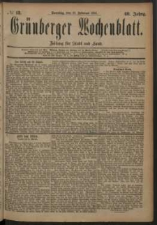 Gr&uuml;nberger Wochenblatt: Zeitung f&uuml;r Stadt und Land, No. 18. (10. Februar 1884)