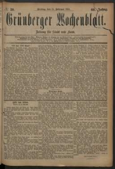 Grünberger Wochenblatt: Zeitung für Stadt und Land, No. 20. (15. Februar 1884)