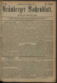 Gr&uuml;nberger Wochenblatt: Zeitung f&uuml;r Stadt und Land, No. 26. (29. Februar 1884)