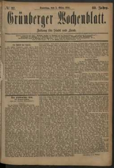 Grünberger Wochenblatt: Zeitung für Stadt und Land, No. 27. (2. März 1884)