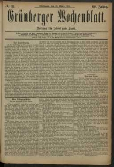 Gr&uuml;nberger Wochenblatt: Zeitung f&uuml;r Stadt und Land, No. 31. (12. M&auml;rz 1884)
