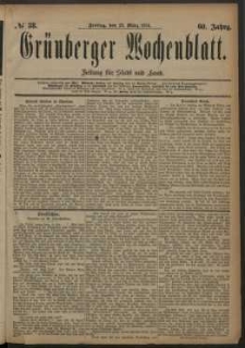 Gr&uuml;nberger Wochenblatt: Zeitung f&uuml;r Stadt und Land, No. 38. (28. M&auml;rz 1884)
