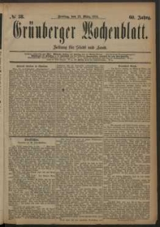 Grünberger Wochenblatt: Zeitung für Stadt und Land, No. 38. (28. März 1884)