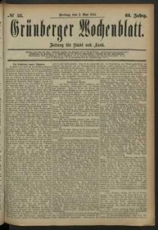 Gr&uuml;nberger Wochenblatt: Zeitung f&uuml;r Stadt und Land, No. 53. (2. Mai 1884)