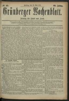 Gr&uuml;nberger Wochenblatt: Zeitung f&uuml;r Stadt und Land, No. 65. (30. Mai 1884)