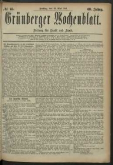 Grünberger Wochenblatt: Zeitung für Stadt und Land, No. 65. (30. Mai 1884)