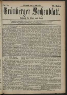 Grünberger Wochenblatt: Zeitung für Stadt und Land, No. 70. (11. Juni 1884)