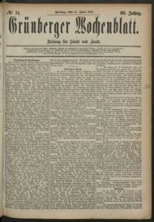 Grünberger Wochenblatt: Zeitung für Stadt und Land, No. 71. (13. Juni 1884)