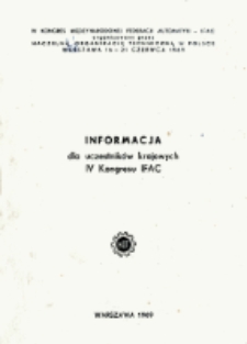 Informacja dla uczestnik&oacute;w krajowych IV Kongresu IFAC, Warszawa 1969
