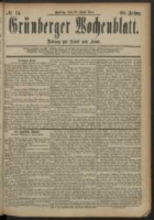 Gr&uuml;nberger Wochenblatt: Zeitung f&uuml;r Stadt und Land, No. 74. (20. Juni 1884)