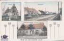 Brzozowiec / Berkenwerder; Gruss aus Berkenwerder, N.-M.; Kirche; Dorfstrasse; Materialwarenhlg. von Fritz Hagedorn