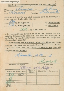 Antoni Sawras - Kontingentverpflichtungsschein f&uuml;r das Jahr 1943