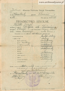 J&oacute;zef Wilk - Świadectwo szkolne, Jednoklasowa Publiczna Szkoła Powszechna w Kozakach (powiat Złocz&oacute;w)