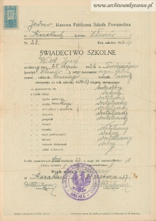 Józef Wilk - Świadectwo szkolne, Jednoklasowa Publiczna Szkoła Powszechna w Kozakach (powiat Złoczów)