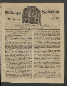 Gr&uuml;nberger Wochenblatt, No. 12. (11. Februar 1850)