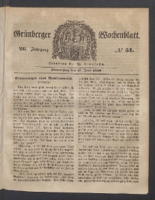 Gr&uuml;nberger Wochenblatt, No. 51. (27. Juni 1850)