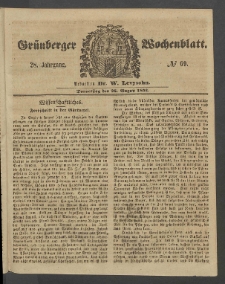 Gr&uuml;nberger Wochenblatt, No. 69. (26. August 1852)
