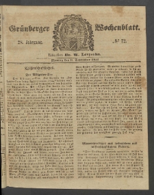 Gr&uuml;nberger Wochenblatt, No. 72. (6. September 1852)
