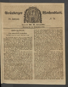 Gr&uuml;nberger Wochenblatt, No. 74. (13. September 1852)