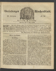 Gr&uuml;nberger Wochenblatt, No. 26. (3. April 1854)