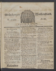 Gr&uuml;nberger Wochenblatt, No. 102. (22. Dezember 1856)