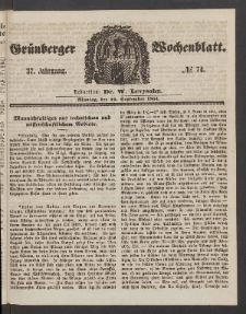 Grünberger Wochenblatt, No. 74. (16. September 1861)