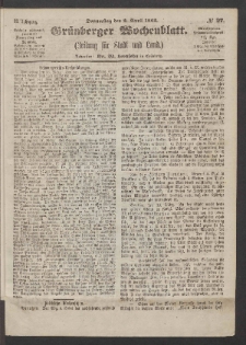 Grünberger Wochenblatt: Zeitung für Stadt und Land, No. 27. (2. April 1863)
