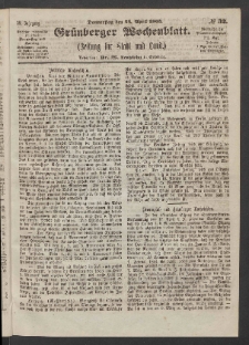 Gr&uuml;nberger Wochenblatt: Zeitung f&uuml;r Stadt und Land, No. 32. (23. April 1863)