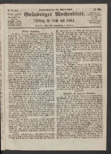 Grünberger Wochenblatt: Zeitung für Stadt und Land, No. 32. (23. April 1863)