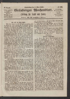 Gr&uuml;nberger Wochenblatt: Zeitung f&uuml;r Stadt und Land, No. 36. (7. Mai 1863)